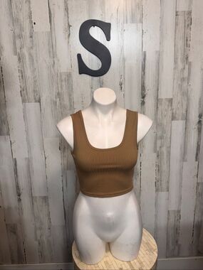 ROMWE Camel Tan Ribbed Scoop Neck Wide Strap Bralette Crop Tank Top Womens Small
